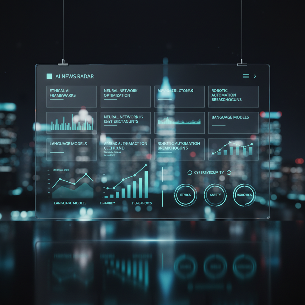 Una pantalla transparente de gran formato, suspendida en el aire en un entorno oscuro y elegante, mostrando una interfaz limpia de un radar de noticias de IA: tarjetas flotantes con titulares, gráficos de tendencias, iconos de ética, seguridad, modelos de lenguaje y robótica, todos organizados en columnas claras. Detrás de la pantalla se insinúa una ciudad nocturna futurista con edificios iluminados en tonos azules y cian, intencionadamente desenfocada. Luz principal proveniente del resplandor de la interfaz, generando reflejos suaves sobre una superficie de cristal negra en la parte inferior. Atmósfera profesional, analítica y algo cinematográfica. Composición frontal a nivel de la pantalla, con profundidad marcada por el bokeh urbano. Estilo fotográfico realista, sofisticado y de alta tecnología.