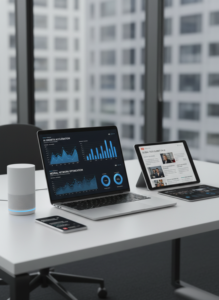 Una mesa de trabajo minimalista de color blanco mate, vista en ligera perspectiva, cubierta con varios dispositivos: un portátil ultrafino abierto mostrando un panel con gráficos y titulares sobre IA, una tablet con un dashboard de noticias, y un smartphone con notificaciones de última hora. A un lado, un pequeño asistente de voz cilíndrico con aro luminoso azul indica la temática de inteligencia artificial. El entorno es una oficina moderna con paredes de cristal desenfocadas al fondo. Luz diurna suave entrando por una gran ventana lateral, creando sombras delicadas y reflejos sutiles en las superficies metálicas. Composición siguiendo la regla de tercios, profundidad de campo media, atmósfera ordenada, profesional y enfocada al análisis. Estilo fotográfico realista, limpio y corporativo.