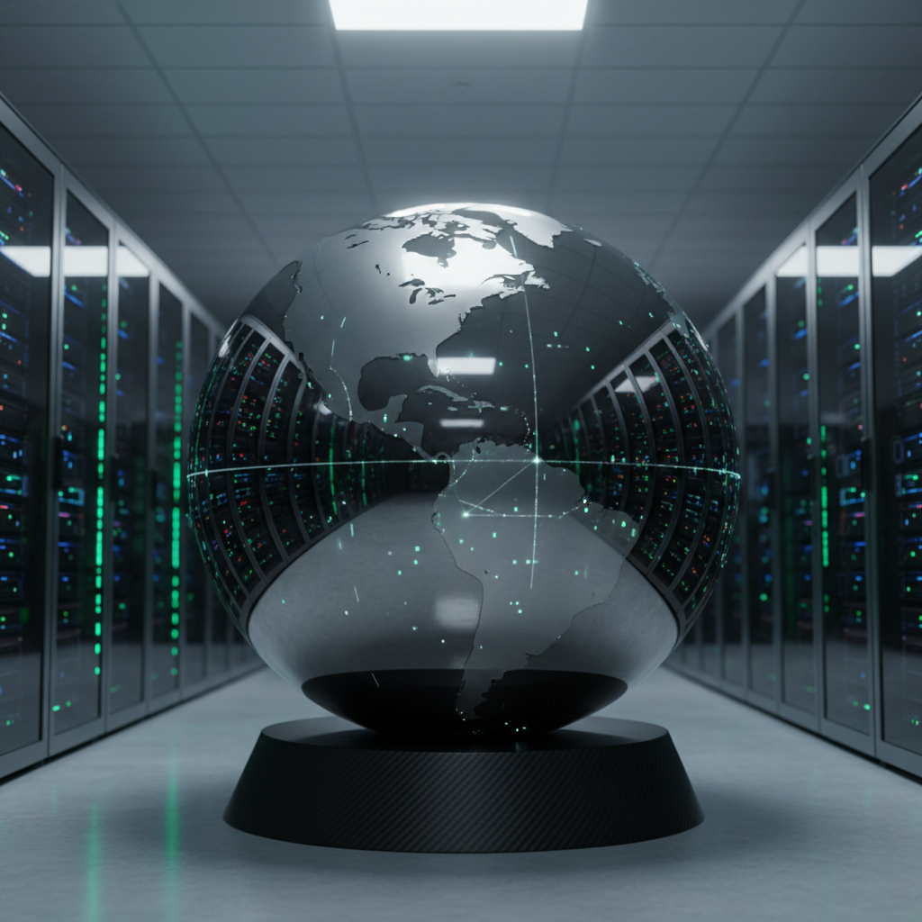 Un gran globo terráqueo metálico, de acabado cromado pulido, apoyado sobre una base de carbono oscuro, situado en el centro de una sala de datos ultramoderna llena de racks de servidores con luces LED azules y verdes. Sobre la superficie del globo se proyectan finas líneas luminosas y pequeños puntos de datos que se mueven, simbolizando el flujo global de noticias de IA. La iluminación combina el brillo frío de los servidores con un foco cenital blanco neutro que resalta la textura del metal. Ambiente dinámico pero controlado, transmitiendo escala mundial y precisión técnica. Composición ligeramente baja, con el globo dominando el primer plano y los servidores creando profundidad. Estilo fotográfico de alto realismo, nítido y tecnológico.